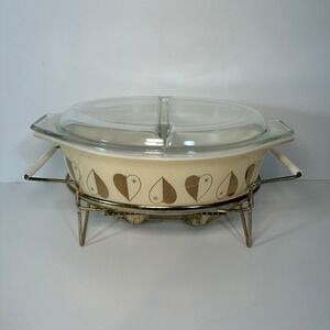 Vintage Pyrex Golden Hearts 045 2.5 Qt Oval Casserole Dish Lid & Warming Cradle